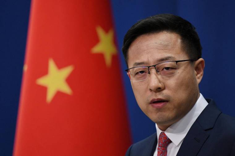 Zhao Lijian, à Pékin, le 8 avril 2022 ( AFP / GREG BAKER )