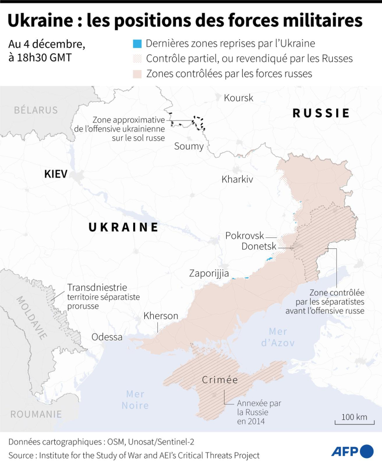 Carte des zones contrôlées par les forces ukrainiennes et russes en Ukraine au 4 décembre 2024 à 18h30 GMT ( AFP / Valentin RAKOVSKY )