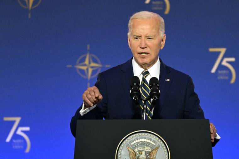 Le président américain Joe Biden prononce un discours lors de la cérémonie du 75 e anniversaire de l'Otan, le 9 juillet 2024 à Washington ( AFP / SAUL LOEB )