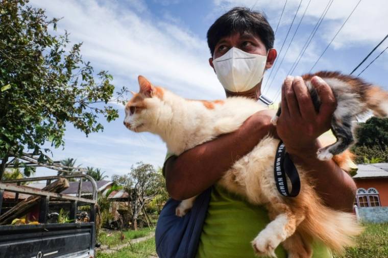 Un volontaire recueille un chat abandonné après les évacuations d'habitants en raison de l'éruption du Mont Ruang, le 4 mai 2024 à Sitaro, en Indonésie ( AFP / Ronny Adolof BUOL )