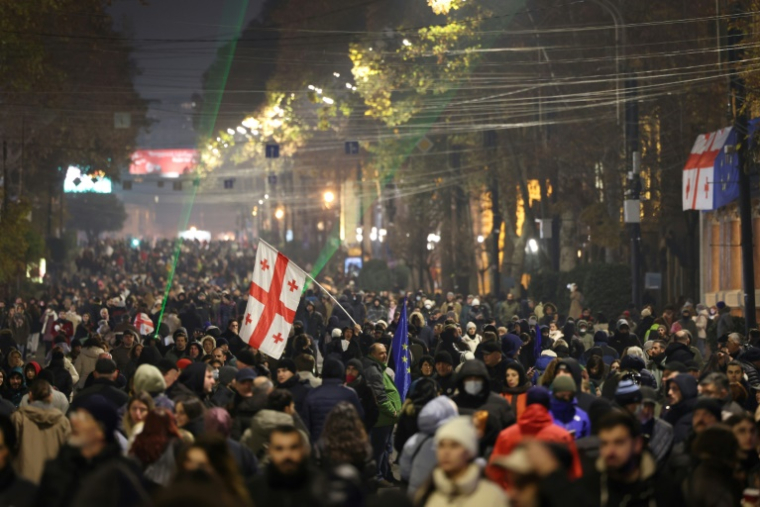 Des manifestants anti-gouvernement devant le Parlement à Tbilissi, en Géorgie, le 9 décembre 2024 ( AFP / Giorgi ARJEVANIDZE )