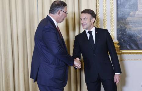 Patrick Pouyanné et Emmanuel Macron à Paris, le 6 mai 2024. ( POOL / LUDOVIC MARIN )