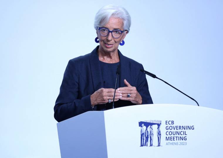 Christine Lagarde à Athènes, en Grèce, le 26 octobre 2023. ( AFP / ARIS OIKONOMOU )