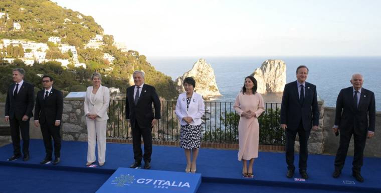 Les ministres des Affaires étrangères du G7 à Capri, en Italie, le 18 avril 2024. ( AFP / TIZIANA FABI )
