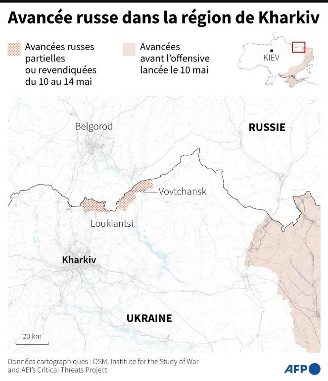 Carte du Nord-Est de l'Ukraine localisant le front dans la région de Kharkiv et les avancées russes du 10 au 14 mai ( AFP / Hervé BOUILLY )