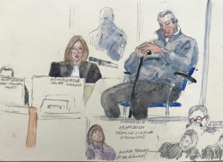 Croquis d'audience de Dominique Pelicot lors de son procès au tribunal d'Avignon, le 25 novembre 2024 ( AFP / Benoit PEYRUCQ )