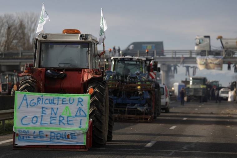 Des agriculteurs manifestants sur l'A64, près de Carbonne, le 18 janvier 2024. ( AFP / VALENTINE CHAPUIS )