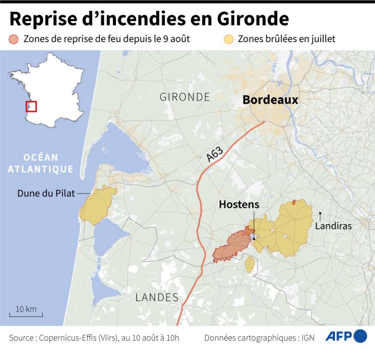 Carte de Gironde montrant les zones de reprises d'incendies depuis le 9 août et les zones déjà brûlées en juillet ( AFP /  )