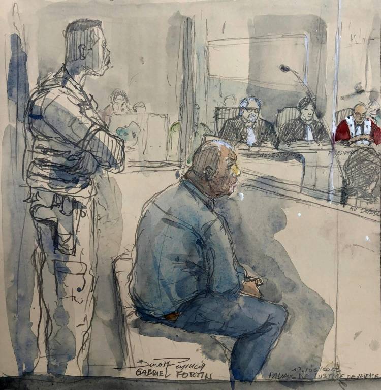Croquis d'audience de Gabriel Fortin lors de son procès à Valence, le 13 juin 2023 ( AFP / Benoit PEYRUCQ )