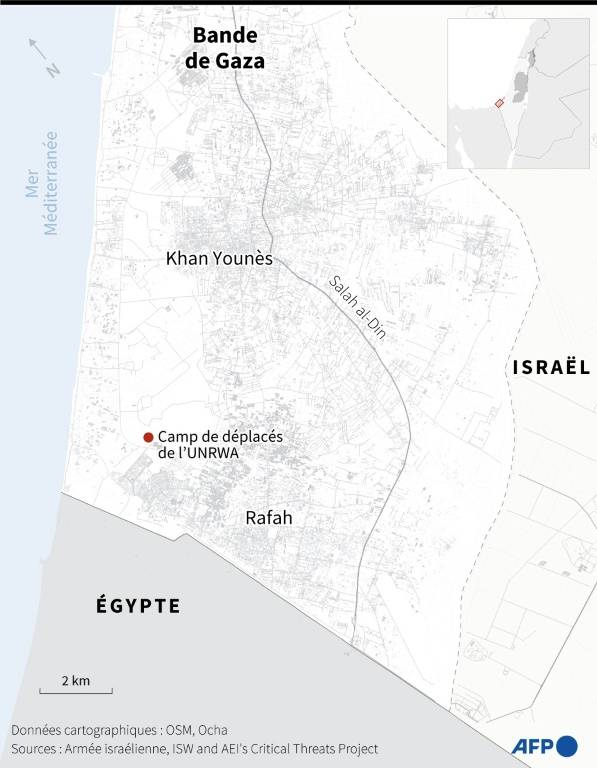 Carte du sud de la bande de Gaza localisant un camp de personnes déplacées de l'UNRWA au nord-ouest de Rafah ( AFP / Sophie RAMIS )