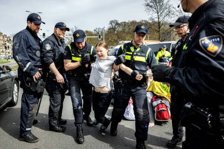 Greta Thunberg interpellée lors d'une manifestation à La Haye, le 6 avril 2024 ( ANP / Ramon van Flymen )