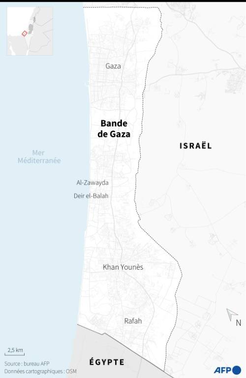 Carte de la bande de Gaza localisant les villes de Gaza, Rafah, Khan Younès, Deir el-Balah et Al-Zawayda ( AFP / Sylvie HUSSON )