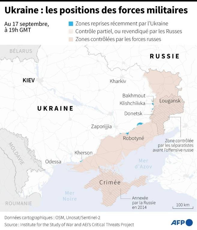 Carte des zones contrôlées par les forces ukrainiennes et russes en Ukraine au 17 septembre 2023 à 19h GMT ( AFP / Sabrina BLANCHARD )
