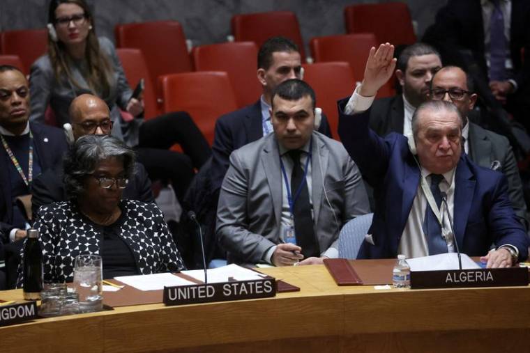 L'ambassadrice des États-Unis auprès des Nations Unies Linda Thomas-Greenfield  (gauche) avec d'autres diplomates au Conseil de sécurité des Nations Unies à New York. /Prix photo le 20 février 2024/REUTERS/Mike Segar