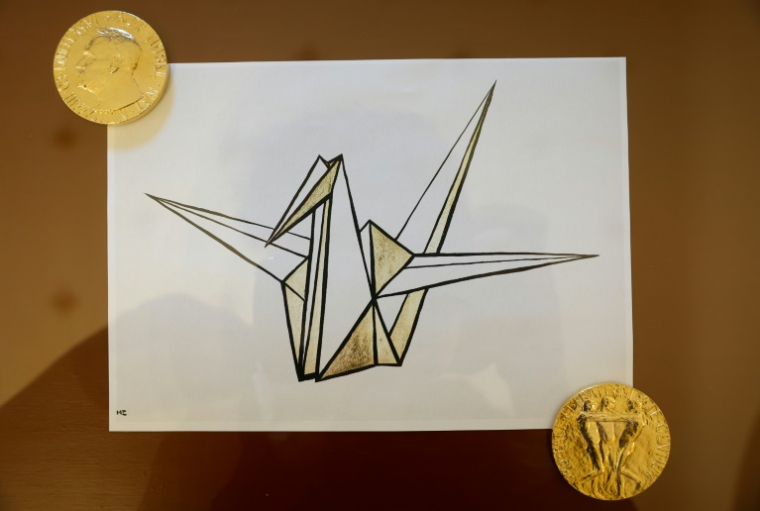 Dessin d'une grue en origami, le logo du groupe japonais Nihon Hidankyo, photographié lors d'une conférence de presse le 9 décembre 2024 à Oslo ( AFP / Odd ANDERSEN )