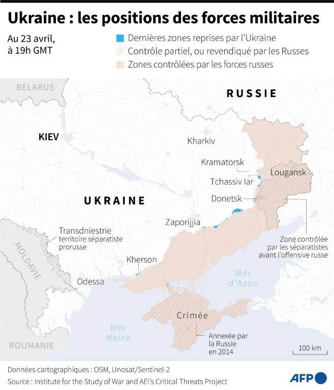 Carte des zones contrôlées par les forces ukrainiennes et russes en Ukraine au 23 avril 2024 à 19h GMT ( AFP / Valentin RAKOVSKY )