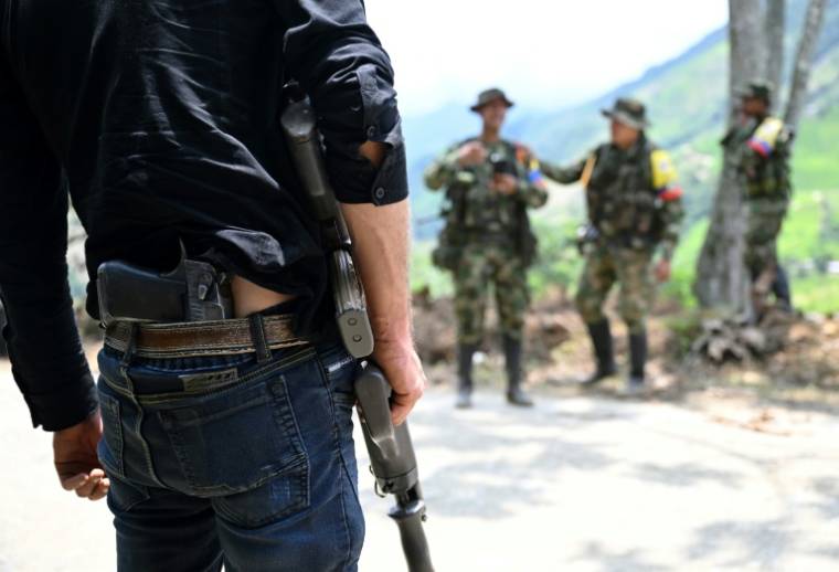 Des membres du front Carlos Patino de la guérilla dissidente des Farc patrouillent dans le canyon de Micay, le 24 mars 2024 en Colombie ( AFP / Raul ARBOLEDA )