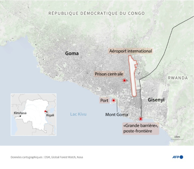 Carte de la ville de Goma, dans l'est de la République démocratique du Congo (RDC), montrant notamment l'aéroport international, la prison centrale et la "grande barrière", poste-frontière avec le Rwanda ( AFP / Nalini LEPETIT-CHELLA )