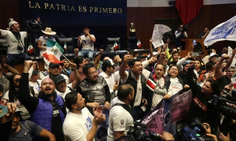 Des manifestants opposés à un projet de réforme de la justice envahissent le Sénat mexicain, le 10 septembre 2024 ( AFP / Silvana FLORES )