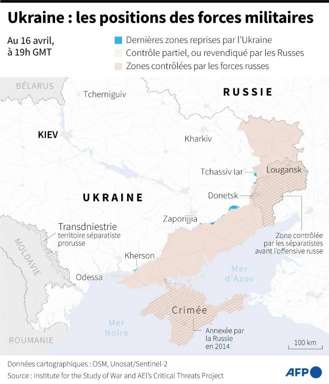 Carte des zones contrôlées par les forces ukrainiennes et russes en Ukraine au 16 avril 2024 à 19h00 GMT ( AFP / Valentin RAKOVSKY )