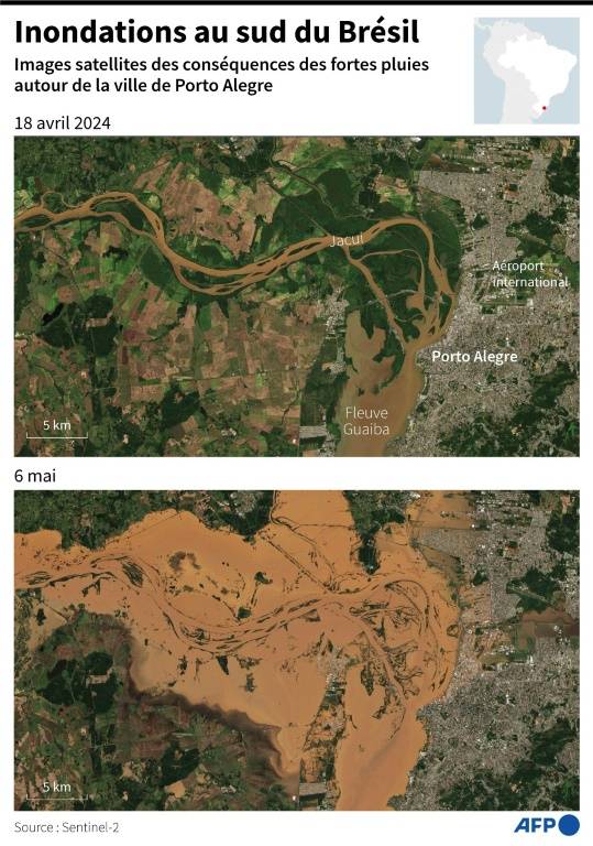 Comparaison de deux images satellite Sentinel-2 de la ville de Porto Alegre, dans le sud du Brésil, avant et après les fortes pluies qui ont provoqué des inondations et fait des dizaines de morts ( AFP / Guillermo RIVAS PACHECO )