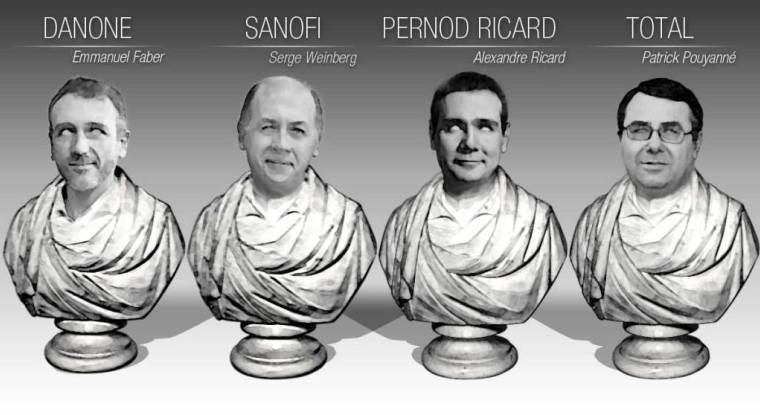 De gauche à droite, Emmanuel Faber (Danone), Serge Weinberg (Sanofi), Alexandre Ricard (Pernod RIcard) et Patrick Pouyanné (Total).(©Danone/Sanofi/Pernod/Total)