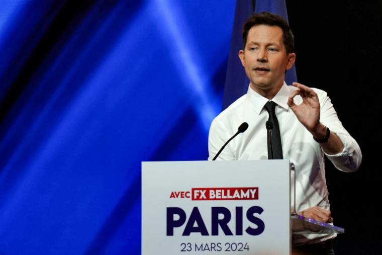 François-Xavier Bellamy, tête de listes Les Républicains aux européennes, lors du lancement de la campagne, le 23 mars 2024 à Aubervilliers, près de Paris ( AFP / Dimitar DILKOFF )