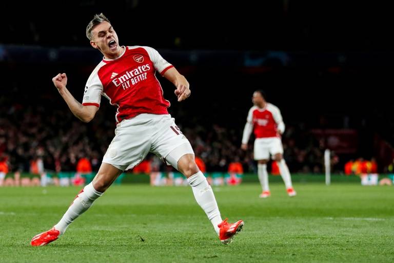 La joie de Leandro Trossard, auteur de l'égalisation pour Arsenal face au Bayern Munich, en quart de finale aller de la Ligue des champions, le 9 avril 2024 à Londres ( IKIMAGES / Ian Kington )