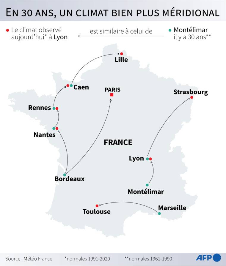 Carte de France montrant la transposition d'un climat d'une ville à l'autre entre les périodes de référence 1961-1990 et 1991-2020, selon Météo France ( AFP /  )