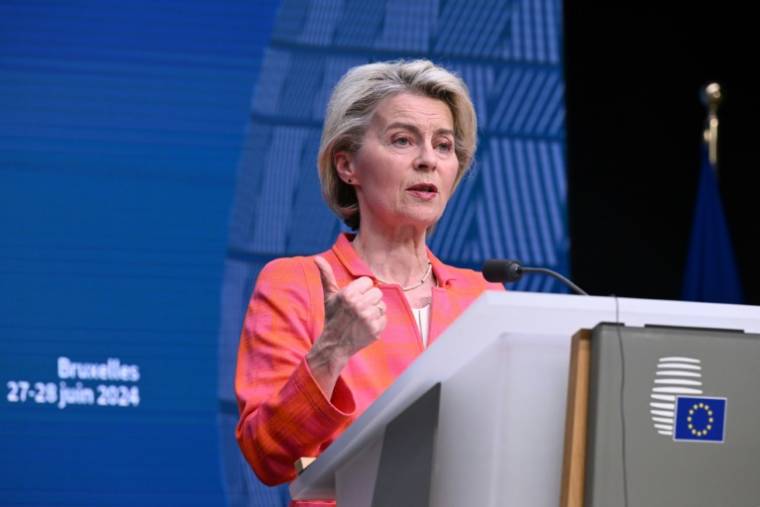 La présidente de la Commission européenne Ursula von der Leyen donne une conférence de presse, le 28 juin 2024 à Bruxelles ( AFP / JOHN THYS )