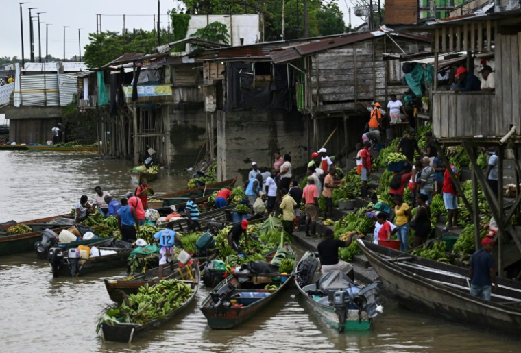 Des personnes en bateaux s'arrêtent pour vendre du poisson et des bananes sur la place du marché sur les rives de la rivière Atrato, dans la municipalité de Quibdo, département de Choco, Colombie, le 30 août 2024 ( AFP / Raul ARBOLEDA )