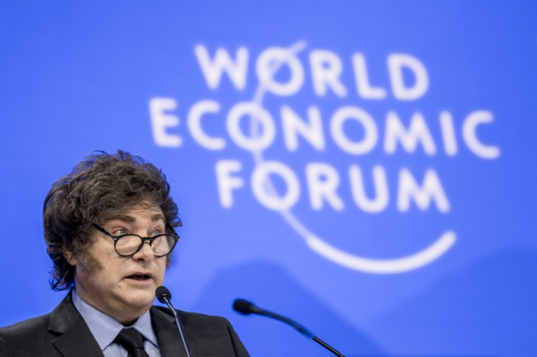 Le président argentin Javier Milei fait un discours au Forum économique mondial de Davos (Suisse), le 23 janvier 2025 ( AFP / FABRICE COFFRINI )