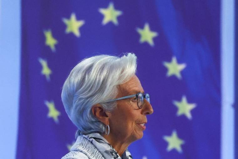 Christine Lagarde, présidente de la BCE, lors d'une conférence de presse à l'issue d'une réunion de politique monétaire à Francfort