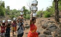 Des villageoises portent des pots d'eau dans le district de Shahapur, dans l'Etat du Maharashtra, le 26 mai 2024 en Inde ( AFP / Indranil MUKHERJEE )