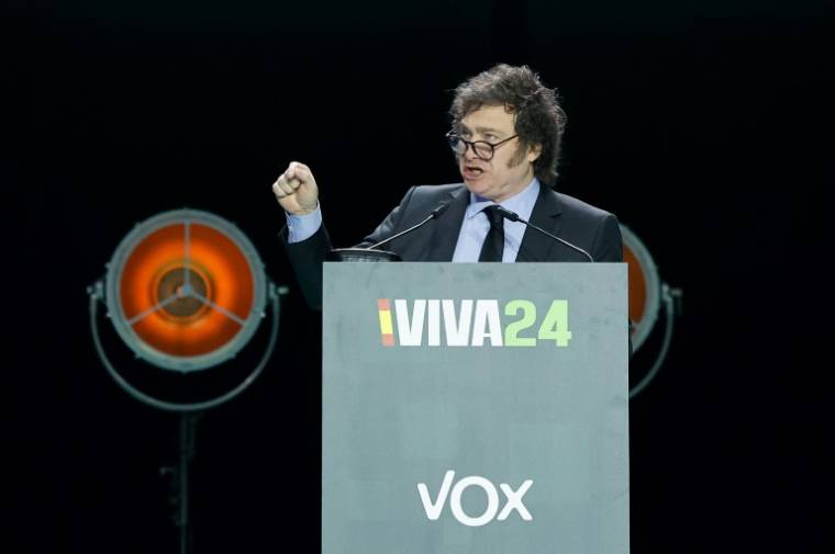 Le président argentin Javier Mileilors d'un rassemblement du parti d'extrême droite espagnol Vox "Europa Viva 24" à Madrid, le 19 mai 2024 ( AFP / OSCAR DEL POZO )