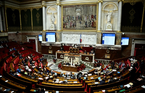 Les bancs des quatre groupes de la coalition gouvernementale sont clairsemés à l'Assemblée depuis le début de la discussion budgétaire, signe d'une forme de "démobilisation" à l'heure où le budget s'écrit ailleurs ( AFP / JULIEN DE ROSA )