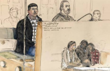 Croquis d'audience réalisé le 4 décembre 2023 montrant Nicolas Zepeda devant la cour d'assises de Haute-Saône à Vesoul, à l'ouverture de son procès en appel pour l'assassinat de Narumi Kurosaki ( AFP / Benoit PEYRUCQ )