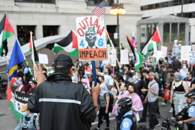 Manifestation pro-palestinienne et en faveur des droits des personnes LGBTQ le 18 août 2024 à Chicago (Illinois) ( AFP / MATTHEW HATCHER )