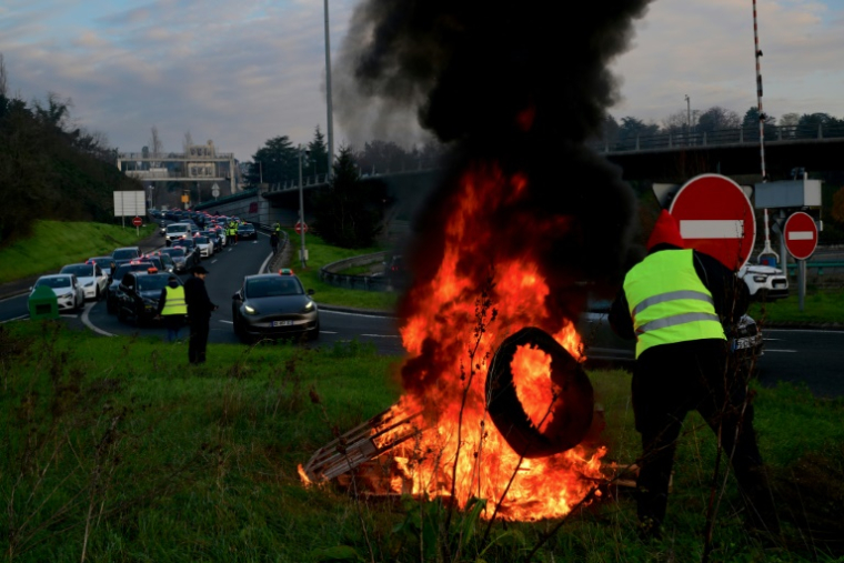 Manifestation de chauffeurs de taxi à Lyon contre la convention en cours de négociation avec l'Assurance maladie pour le transport de malades assis, le 2 décembre 2024 ( AFP / OLIVIER CHASSIGNOLE )