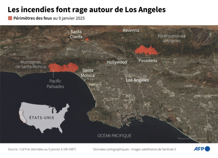 Carte satellitaire 3D de Los Angeles, en Californie (Etats-Unis), montrant les périmètres des incendies au 9 janvier ( AFP / Olivia BUGAULT )