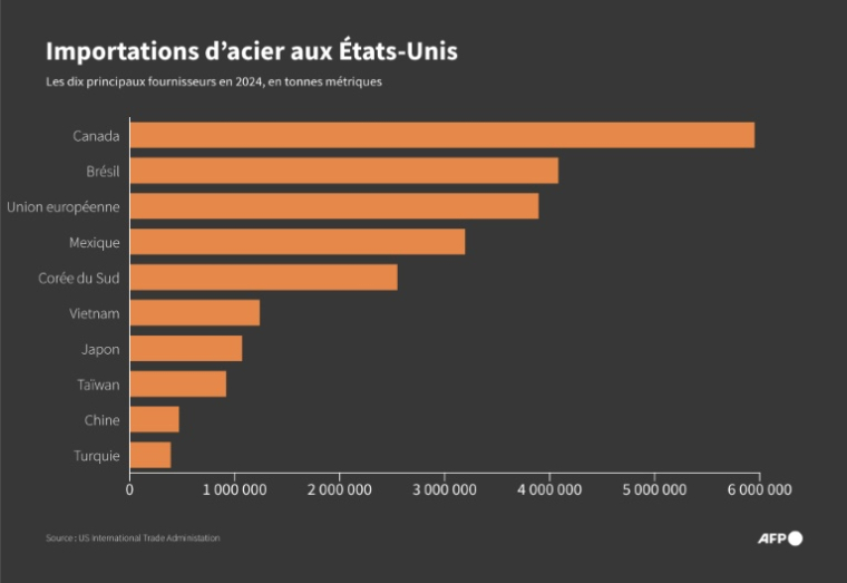 Les 10 principaux fournisseurs d'acier en 2024 des Etats-Unis, selon les données de l'US International Trade Administration ( AFP / Jonathan WALTER )