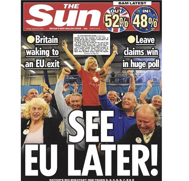 Le tabloïd The Sun, plus grand partisan du ''Brexit'', se permet un jeu de mot pour fêter la victoire du ''Brexit''.