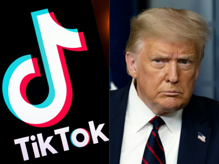 Donald Trump et le logo de TikTok ( AFP / Lionel BONAVENTURE )