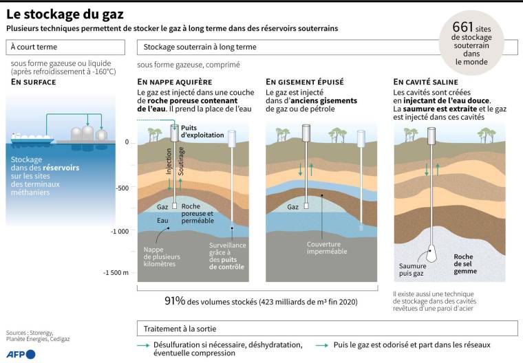 Graphique expliquant les différentes méthodes pour stocker du gaz ( AFP /  )