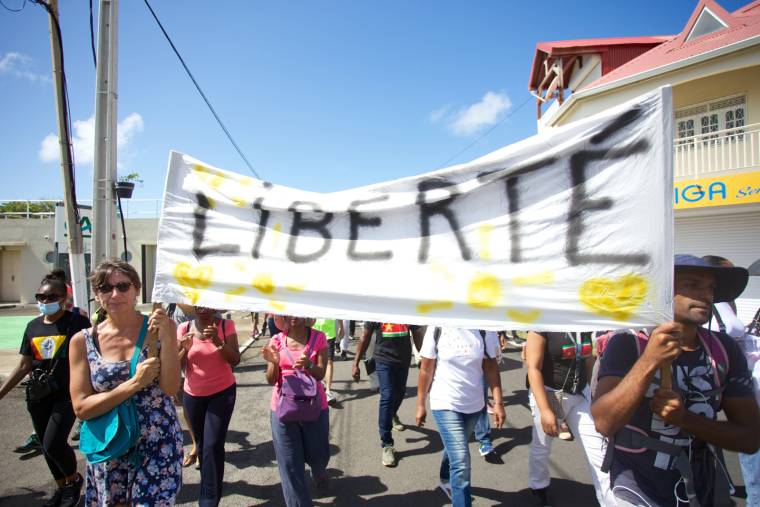 Des manifestants opposés au pass sanitaire à Capesterre-Belle-Eau, en Guadeloupe, le 7 août 2021. ( AFPAFP / Cedrick Isham CALVADOS )