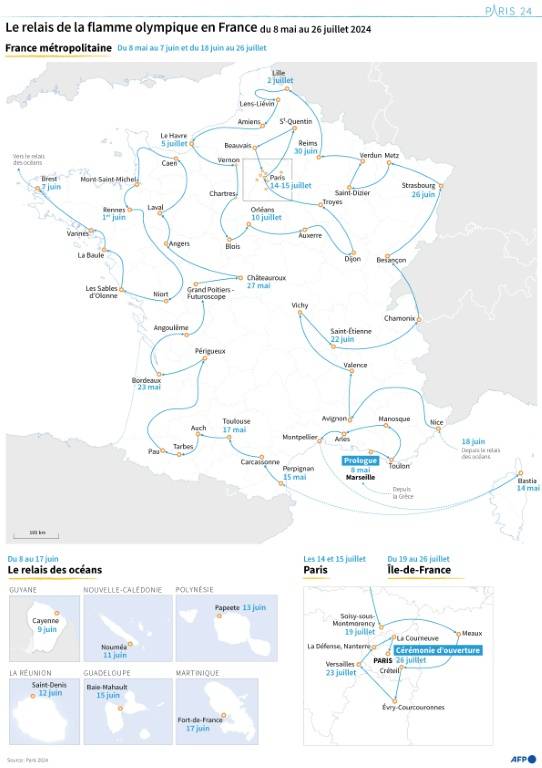 Carte retraçant l'itinéraire du relais de la flamme olympique, du 8 mai au 26 juillet 2024 ( AFP / Valentin RAKOVSKY )
