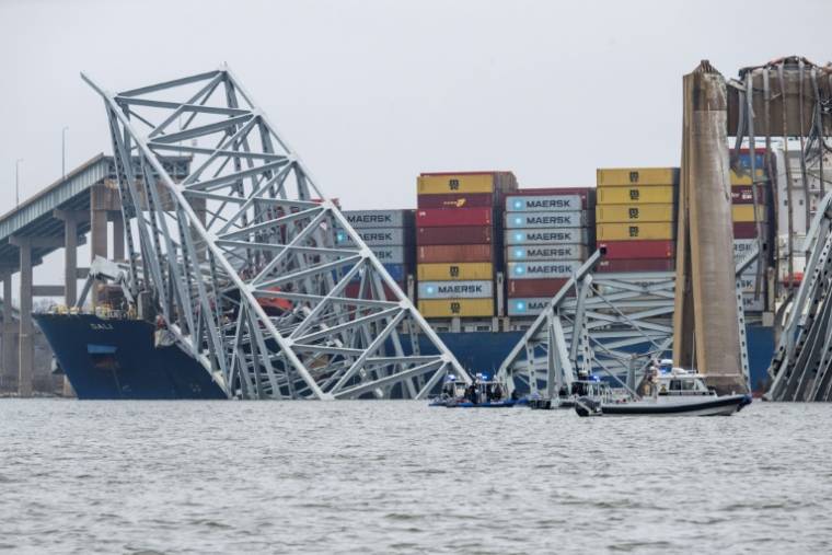 Le pont Francis Scott Key effondré, le 27 mars 2024 à Baltimore, dans le Maryland ( AFP / Jim WATSON )