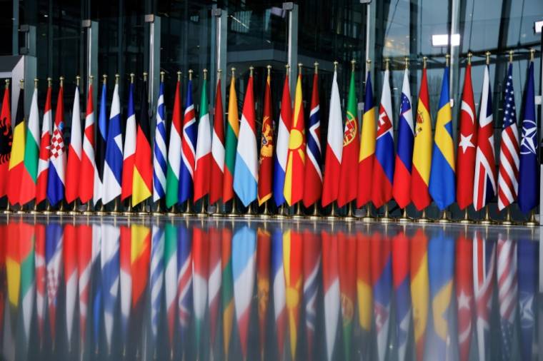 Les drapeaux des pays membres de l'Otan au siège de l'Alliance à Bruxelles le 3 avril 2024  ( AFP / Kenzo TRIBOUILLARD )