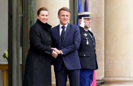 Le président Emmanuel Macron (d) reçoit la Première ministre danoise Mette Frederiksen à l'Elysée, le 28 janvier 2025 à Paris ( AFP / Dimitar DILKOFF )