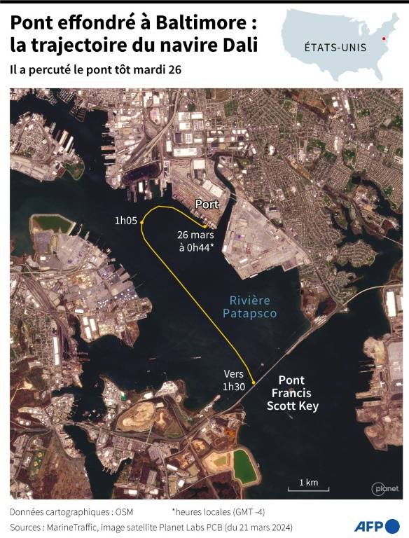Image satellite avec la trajectoire du porte-conteneurs Dali qui a percuté le pont Francis Scott Key à Baltimore, sur la côte est des États-Unis, tôt mardi 26 mars ( AFP / Nalini LEPETIT-CHELLA )